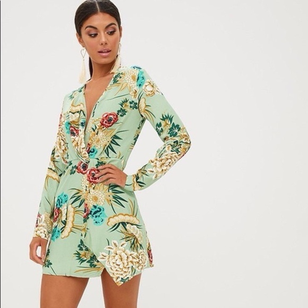 Pretty Little Thing Green Floral Long Sleeve Faux Wrap Mini Dress